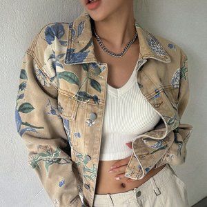 Multicolor Casual Womens Floral Print Drop Shoulder Denim Jacket